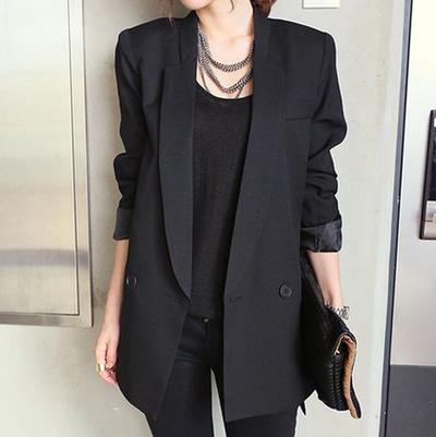 Long Style Black Women's Blazer With Asymmetrical Collar - Collections By Jay