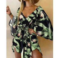 Printed V-neck Bell Sleeve Shirt Dress - Collections By Jay